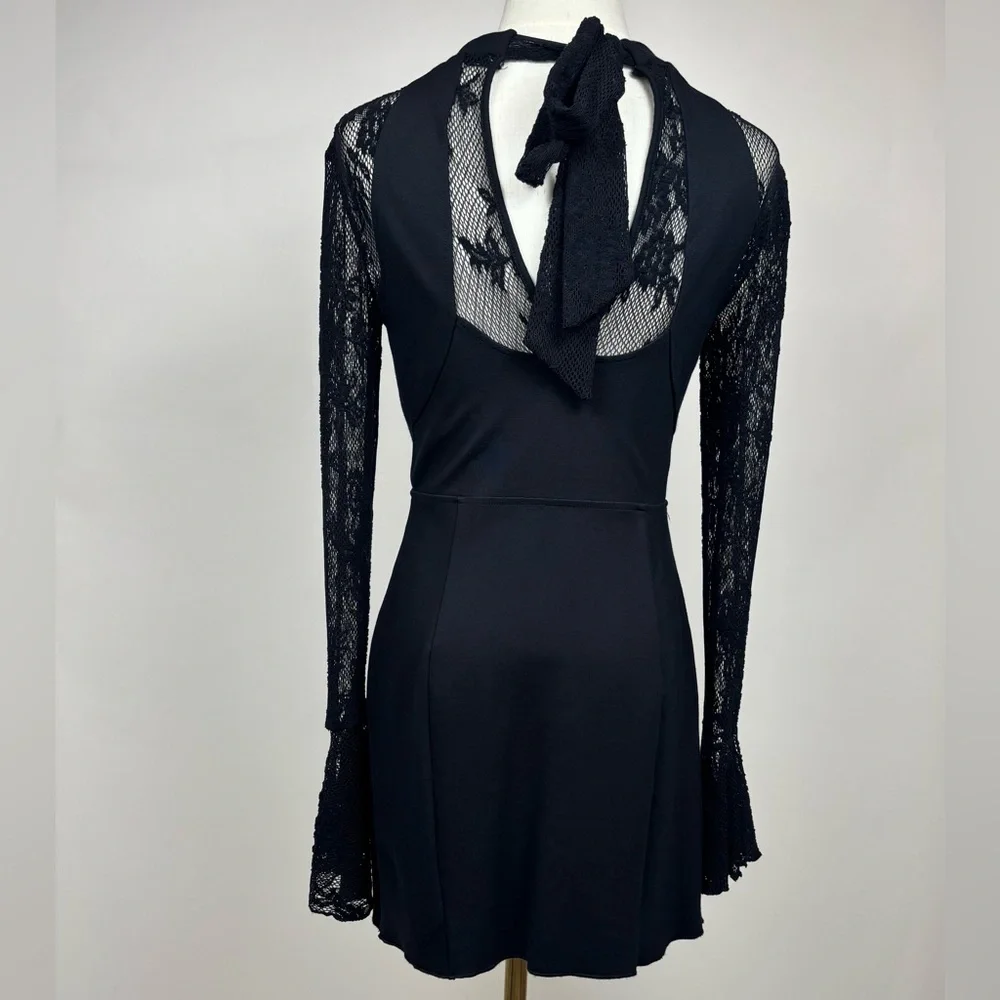 Free People It's Now or Never Lace Bodycon Dress Bell Sleeve Open Back Black S